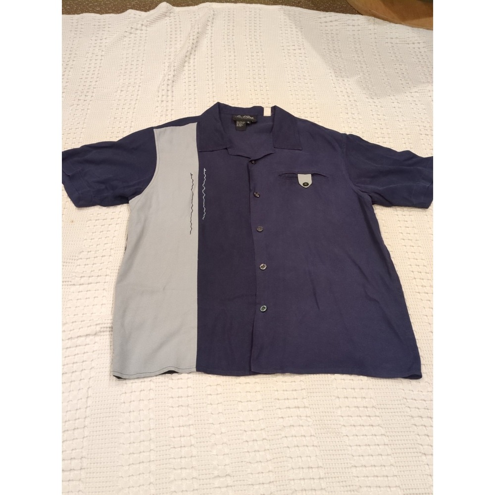Lansky Bros Silk Shirt Short Sleeve Button Up Size XL Blue Gray Rockabilly